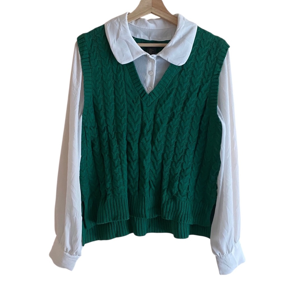 Christian Siriano White Collared Blouse Green Cable Knit Sweater Vest Preppy - Picture 13 of 13